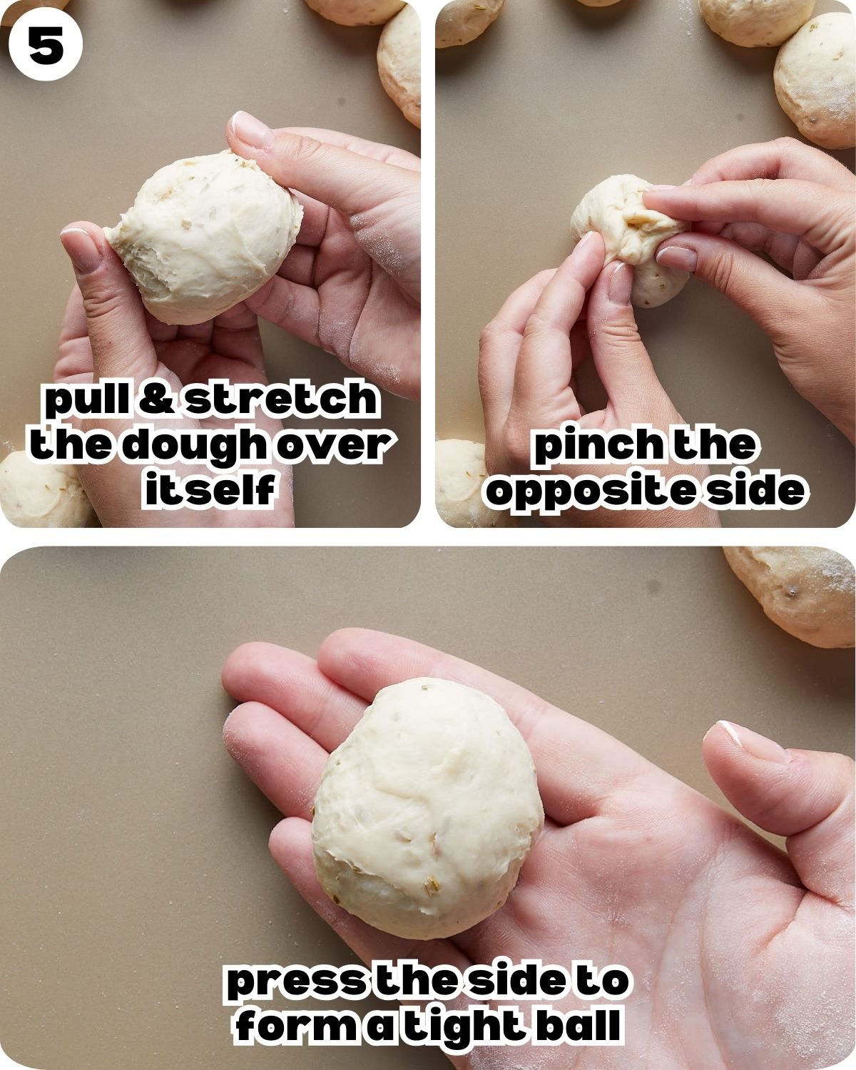 Three-photo collage showing how to shape garlic rolls dough, including portioning, rolling, and forming smooth dough balls before baking.