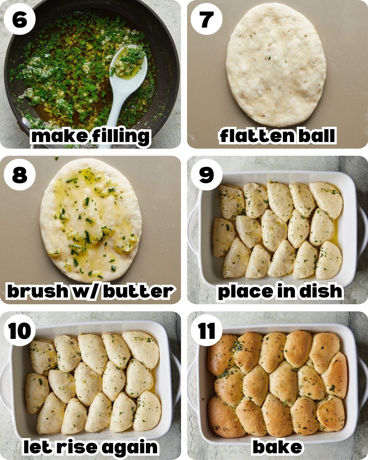 Six-photo collage showing the final steps for making garlic rolls, including proofing, baking until golden brown, and brushing with garlic butter before serving.