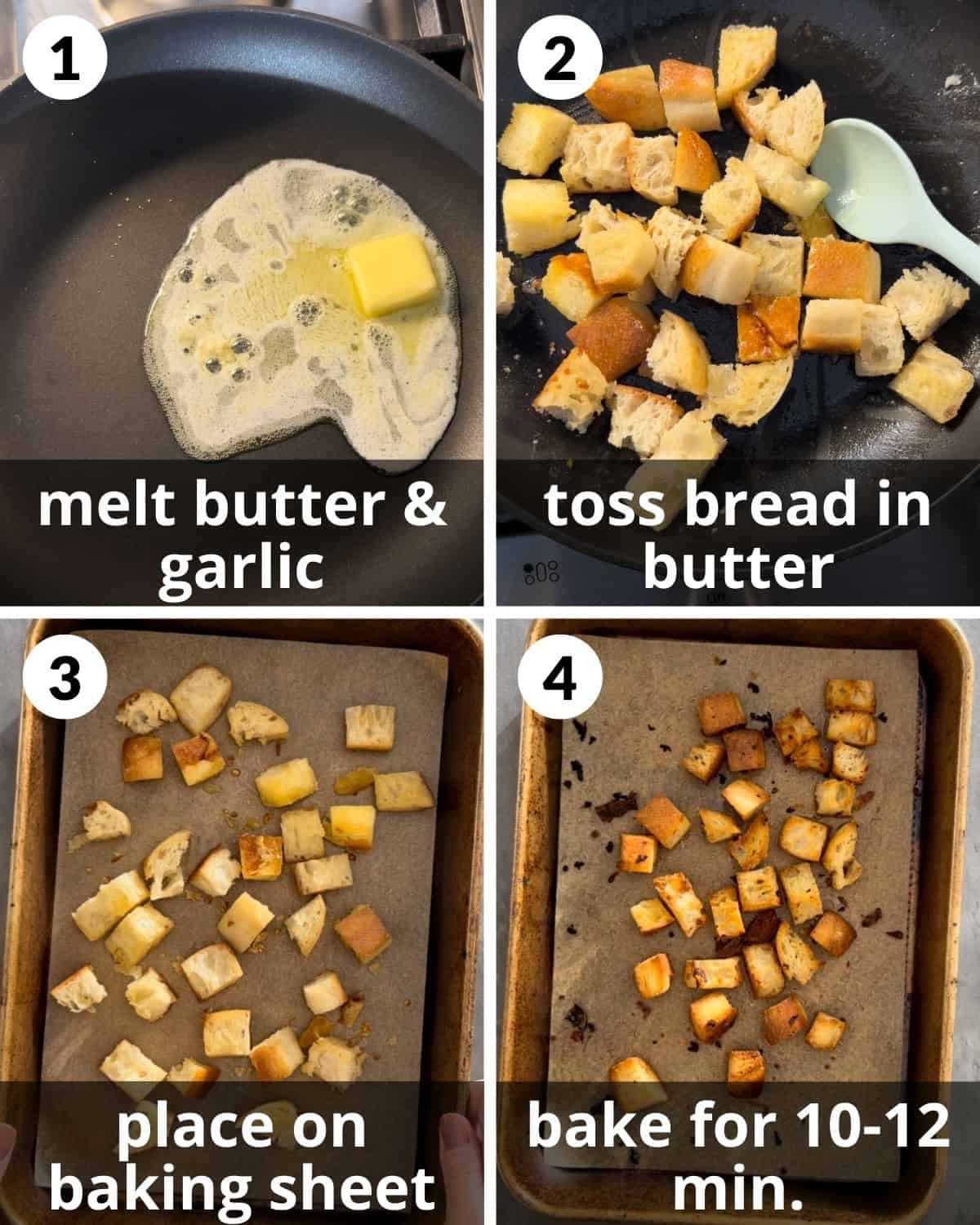 A 4 photo collage showing how to make homemade croutons.
