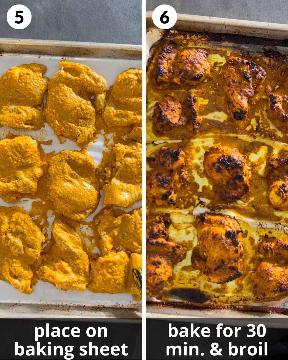 A 2 photo collage showing baking the greek yogurt chicken.