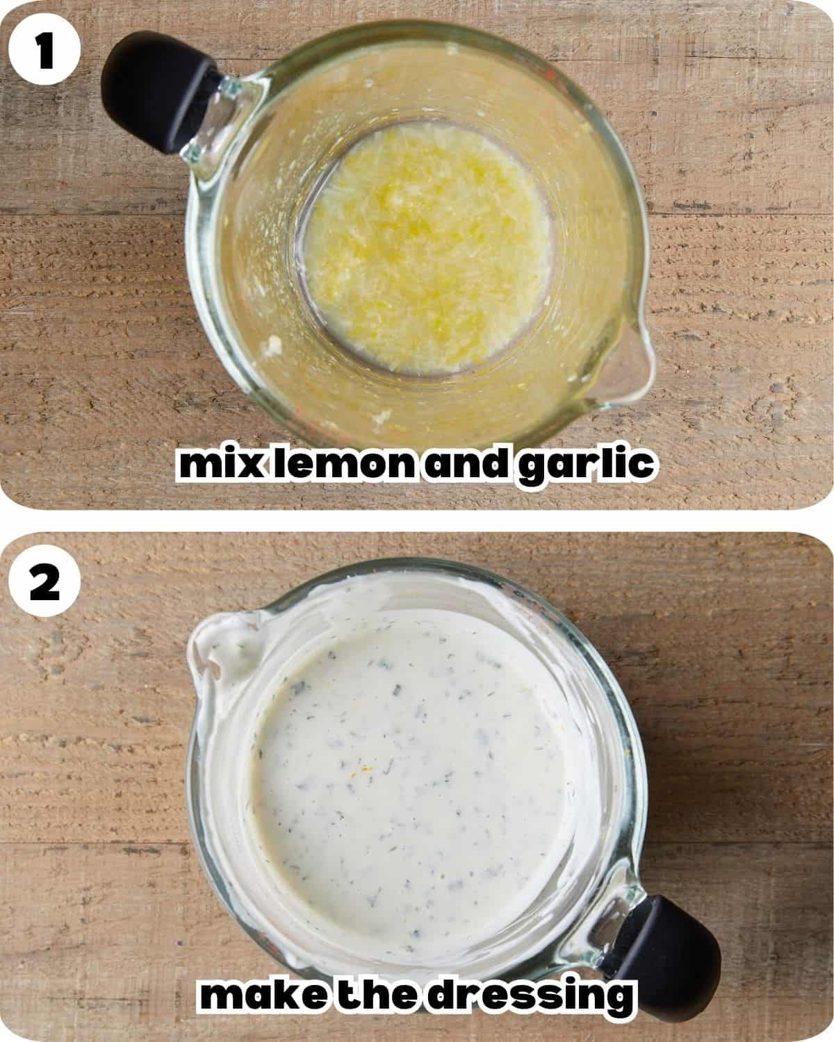 An overhead collage of two images showing the steps for making homemade greek yogurt ranch dressing.