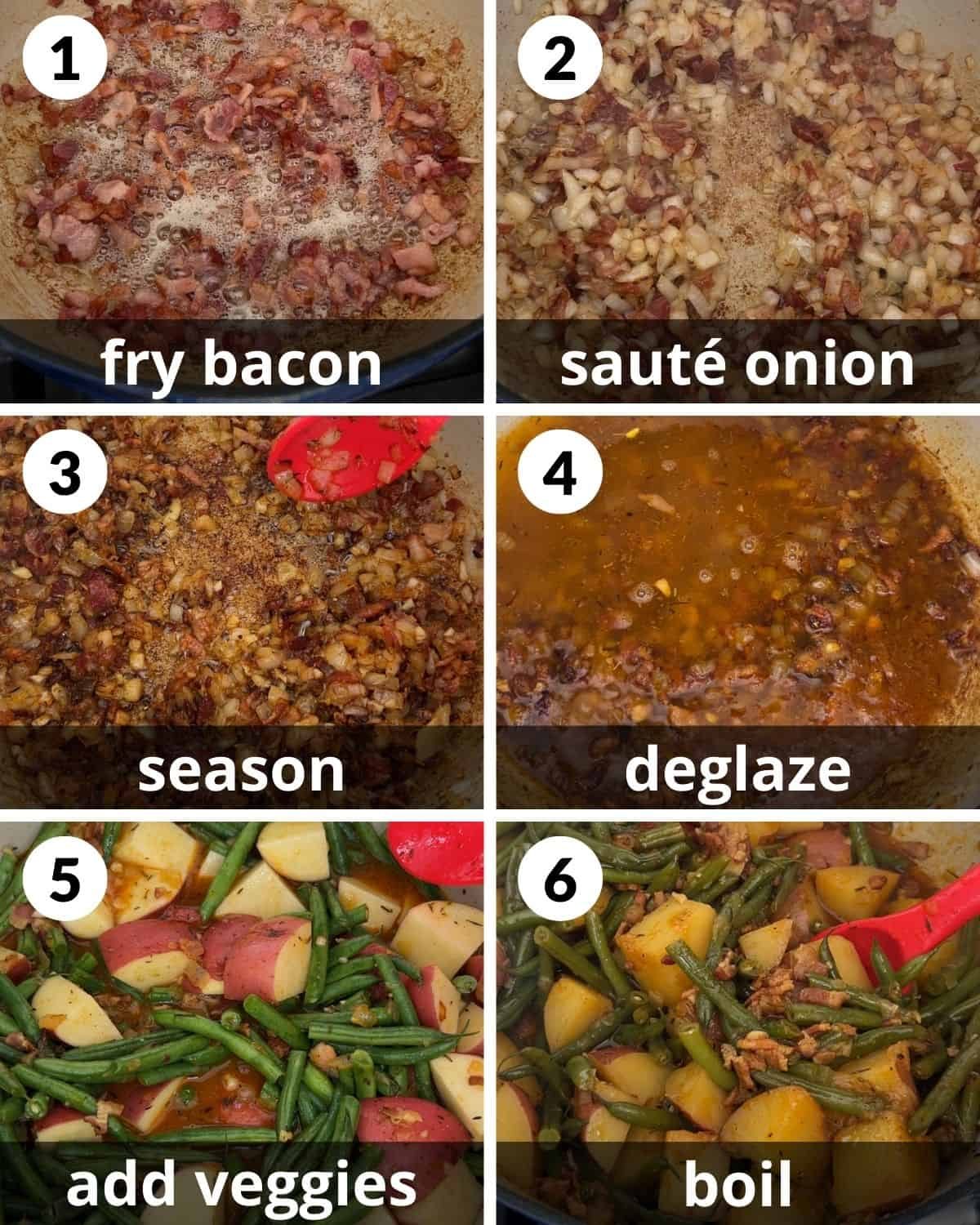 A 6 photo collage showing the assembly of green beans and potatoes recipe.