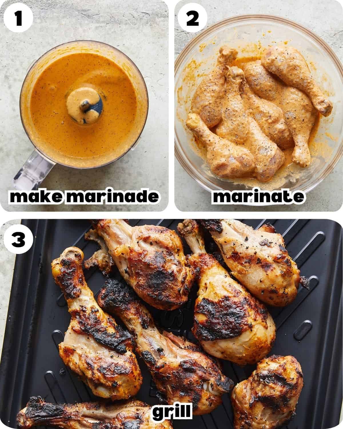 A three photo collage showing the steps for grilled chicken drumsticks.