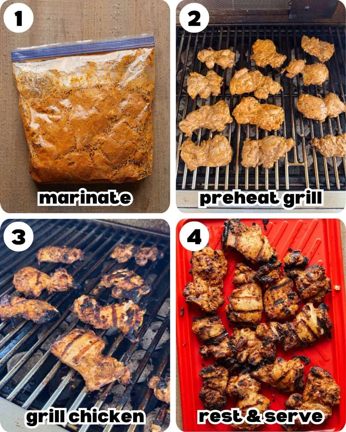 A four photo collage showing the steps for grilled boneless chicken thighs recipe.