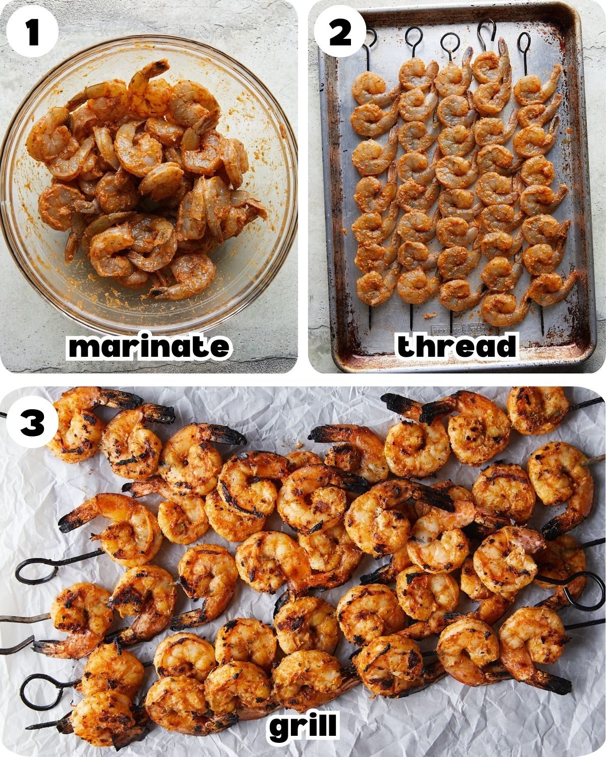 A three photo collage showing the steps for grilled shrimp skewers.