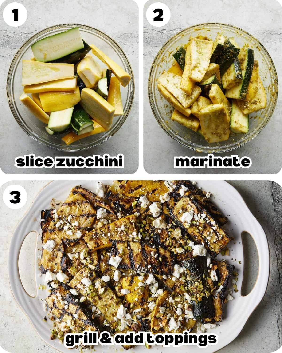 A three photo collage showing the steps for grilled zucchini and yellow squash recipe.