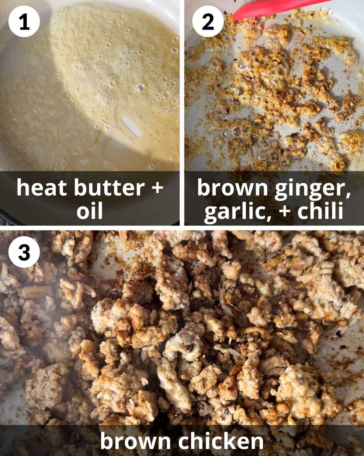 A 3 photo collage showing how to brown the garlic, ginger, and chicken.