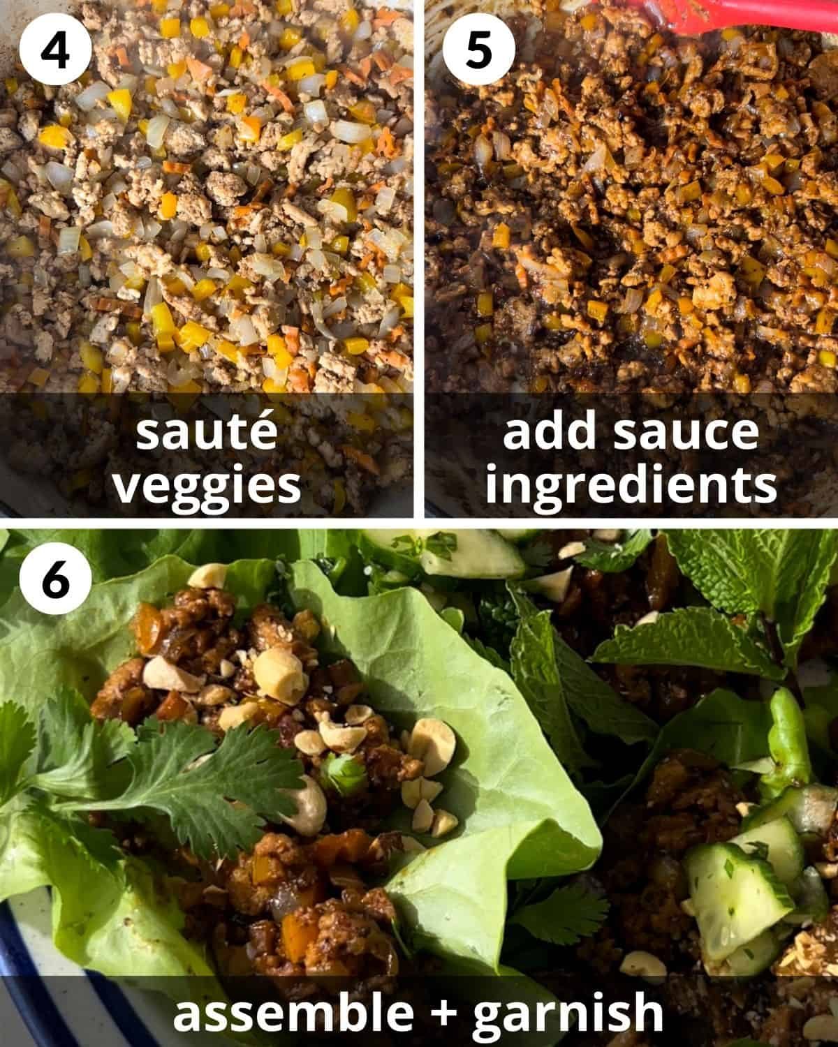 A 3 photo collage showing how to sauté veggies and sauce.