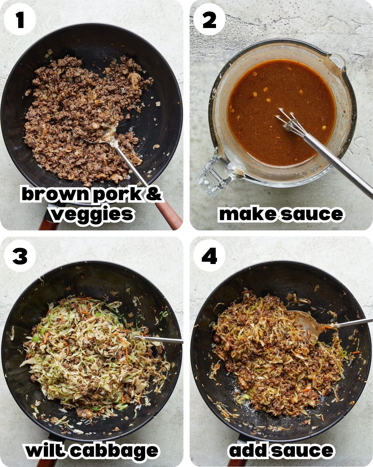 A four photo collage showing the process for ground pork stir fry.