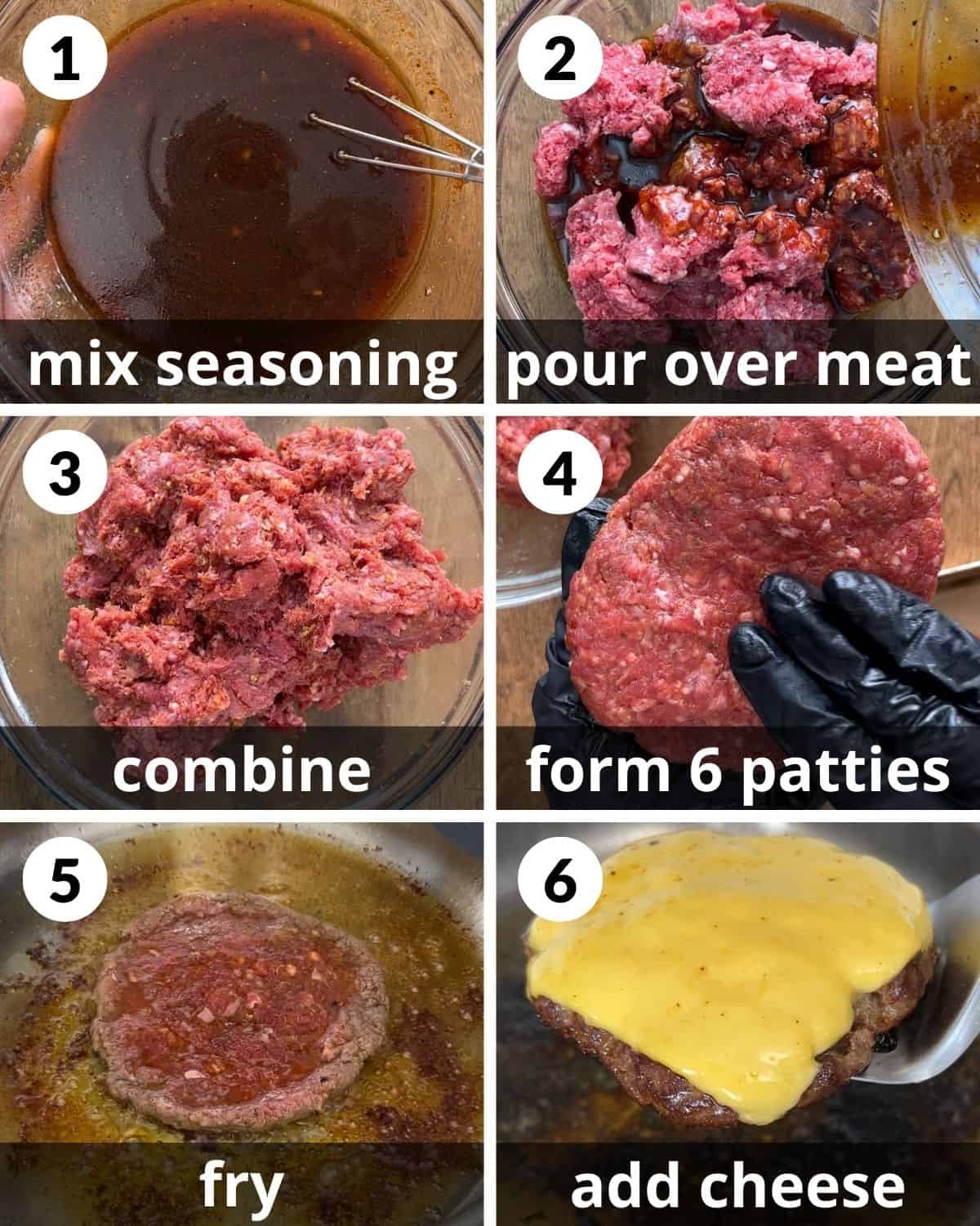 A 6 photo collage showing the assembly of hamburger patty recipe.