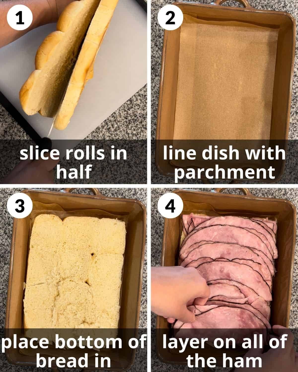 A 4 photo collage showing cutting the rolls and adding the ham.