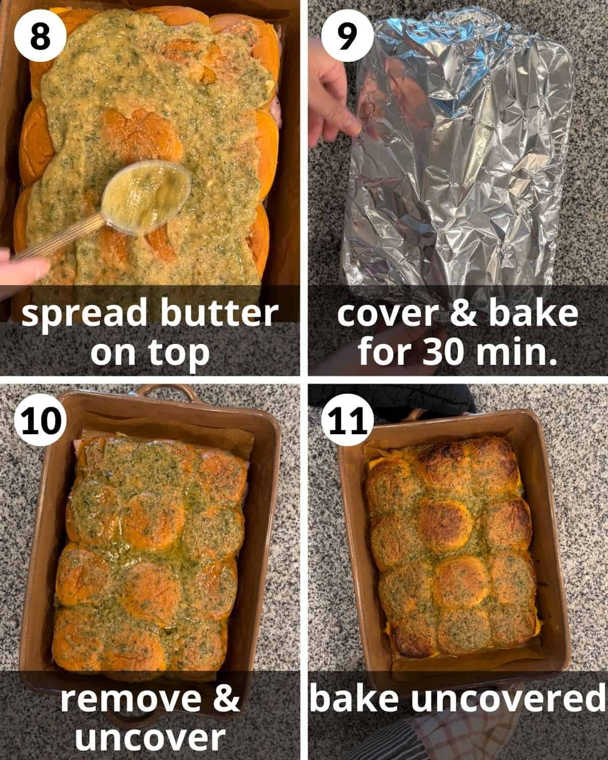 A 4 photo collage showing baking the ham sliders.