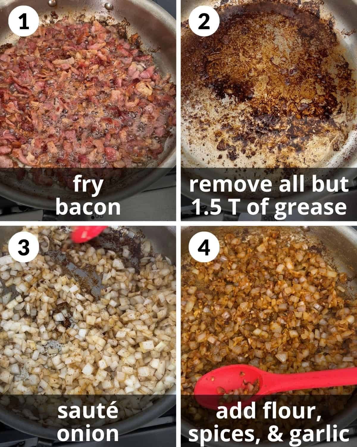 A four photo collage showing the first steps for crockpot potato soup with hash browns.