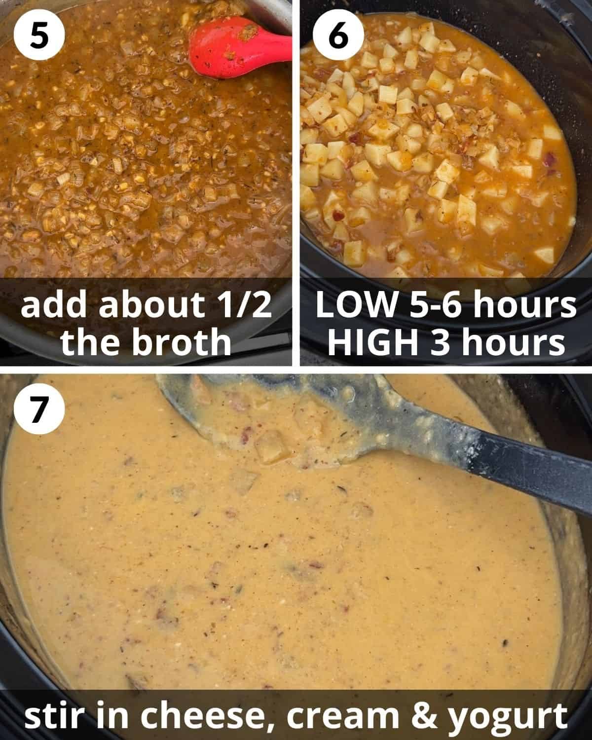 A three photo collage showing the final steps of crock pot potato soup with hash browns.