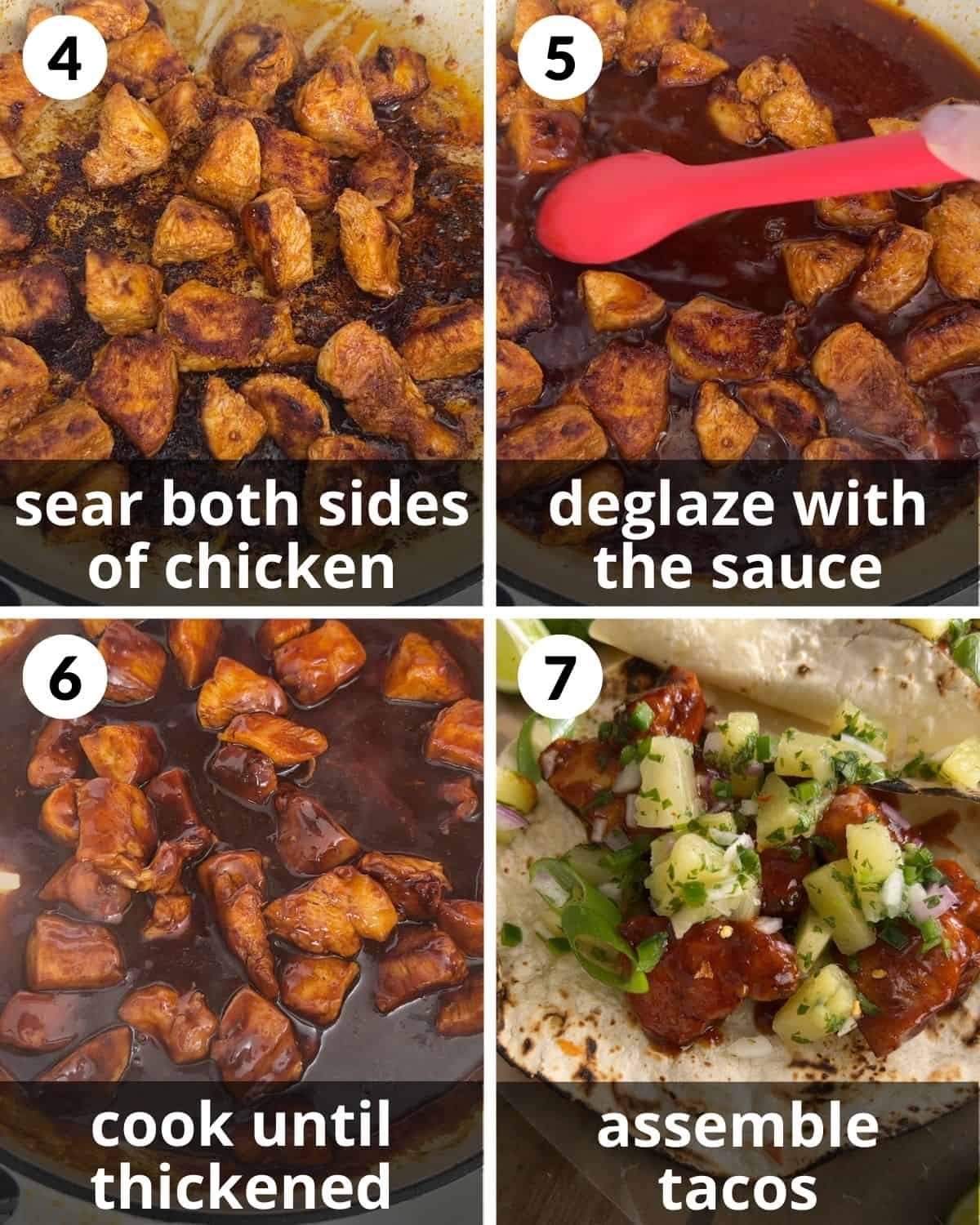 A 4 photo collage showing the final assembly of Hawaiian chicken tacos.
