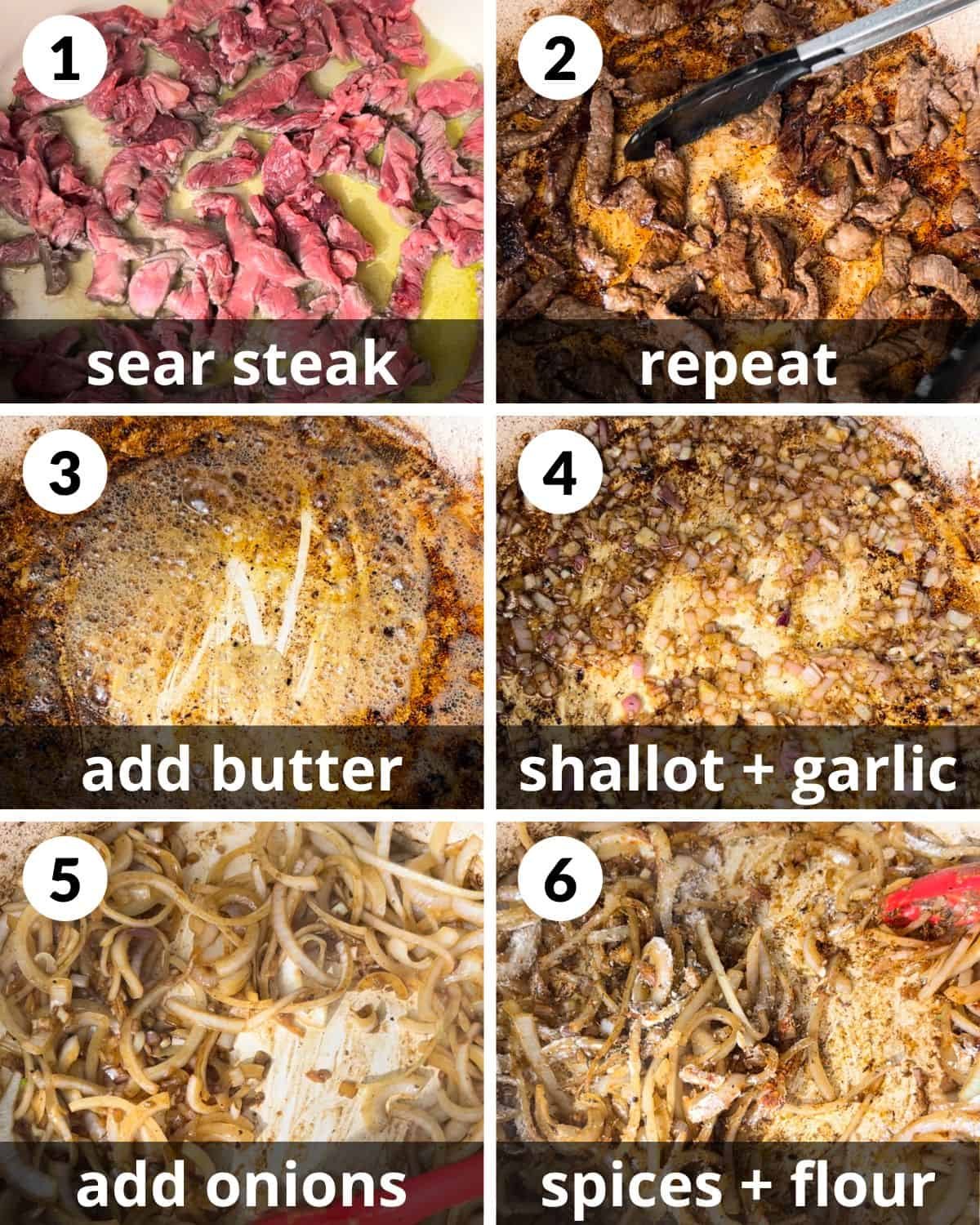 A 6 photo collage showing how to assemble healthy beef stroganoff.