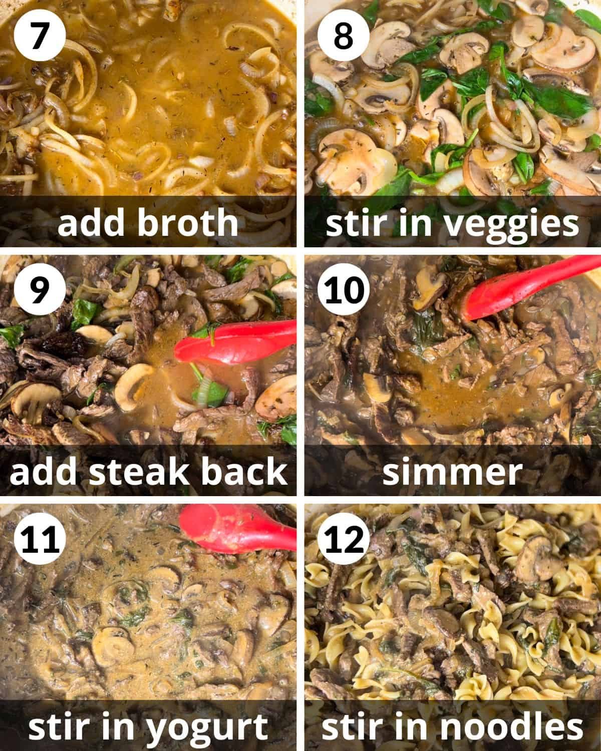 A 6 photo collage of final assembly of healthy beef stroganoff.