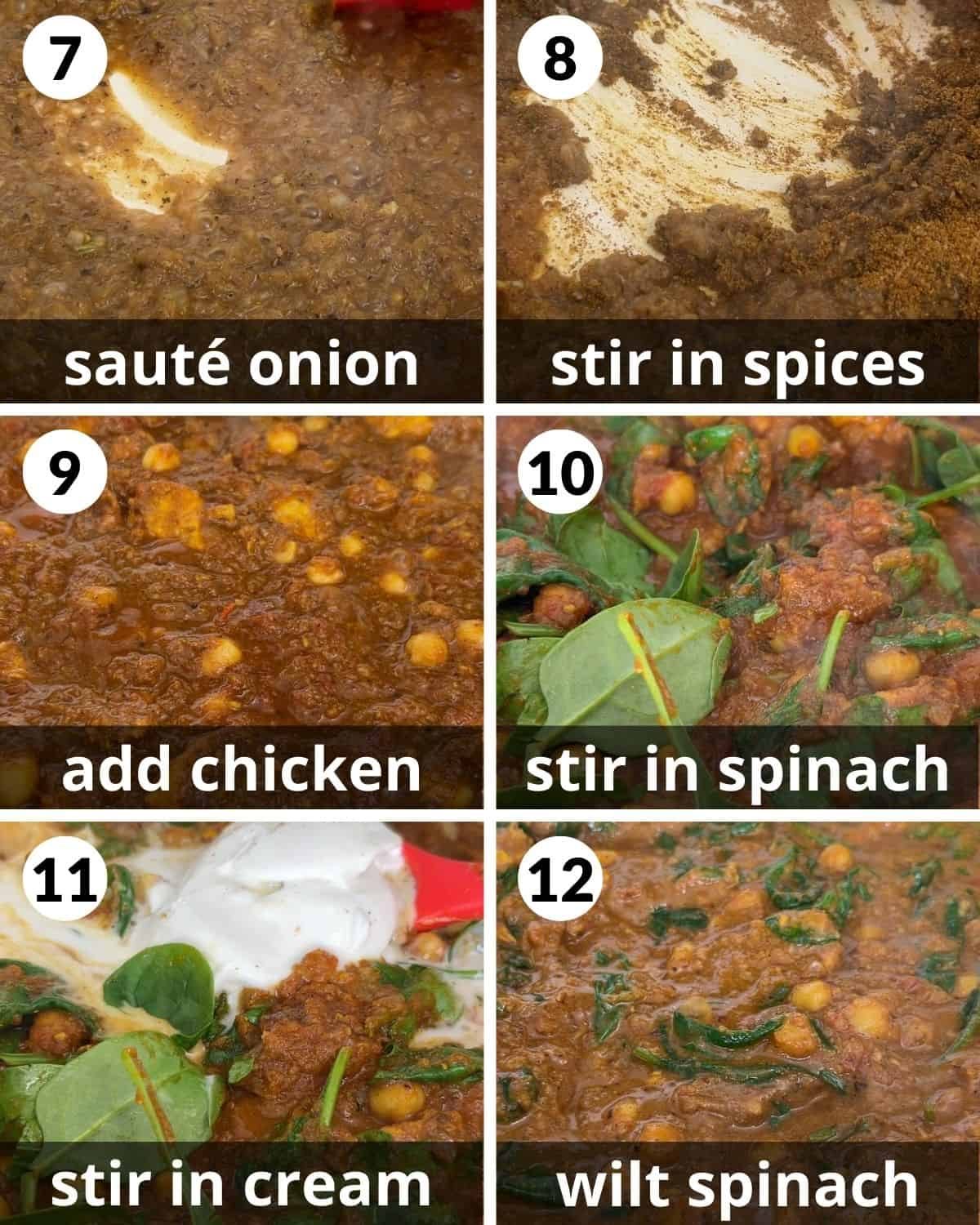A 6 photo collage showing the final assembly of chicken tikka masala.