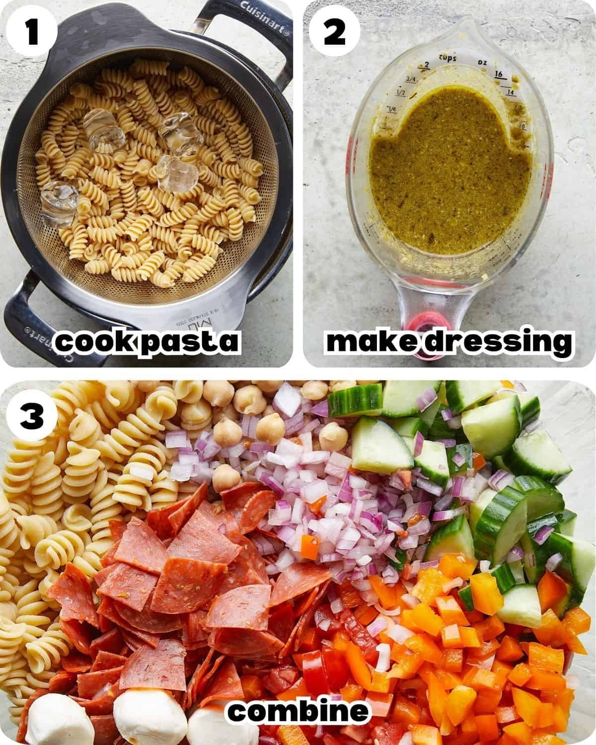 A 3 photo collage showing the steps for healthy Italian pasta salad.