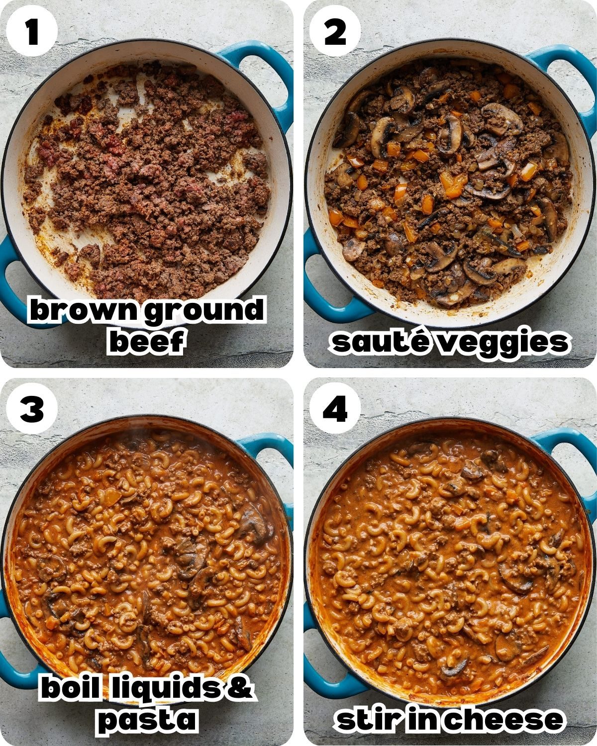 A four photo collage showing the steps to make homemade hamburger helper.