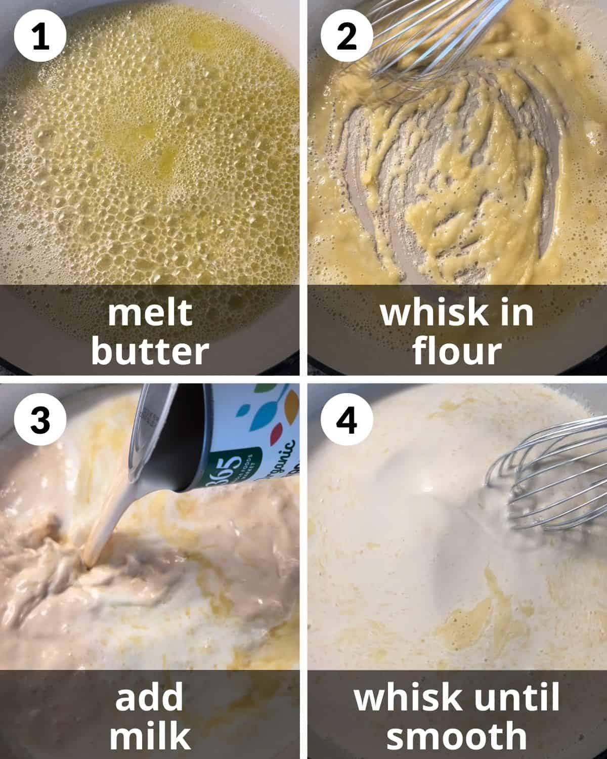 A 4 photo collage showing how to make the roux and bechamel sauce.