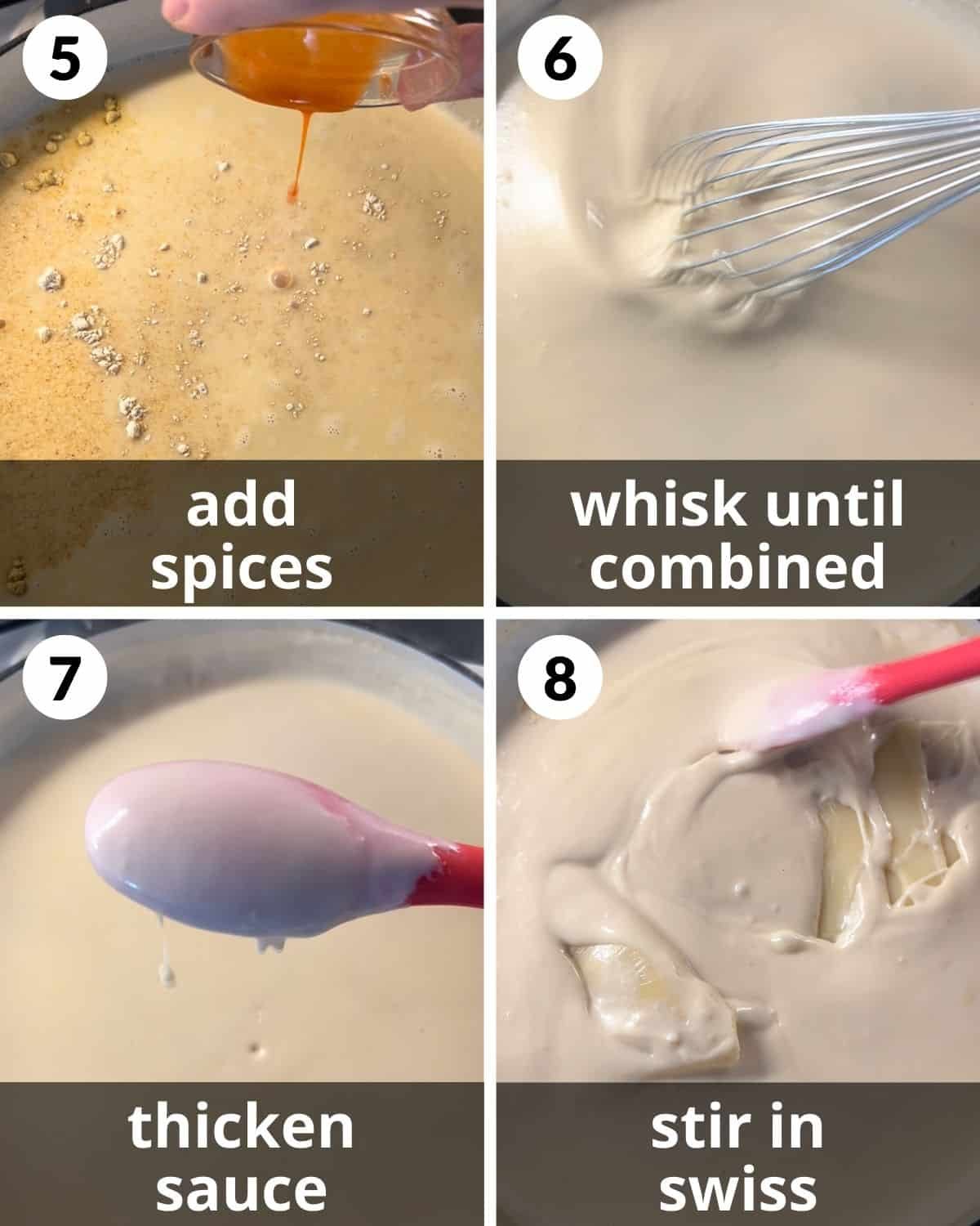 A 4 photo collage showing seasoning the sauce and adding cheese.
