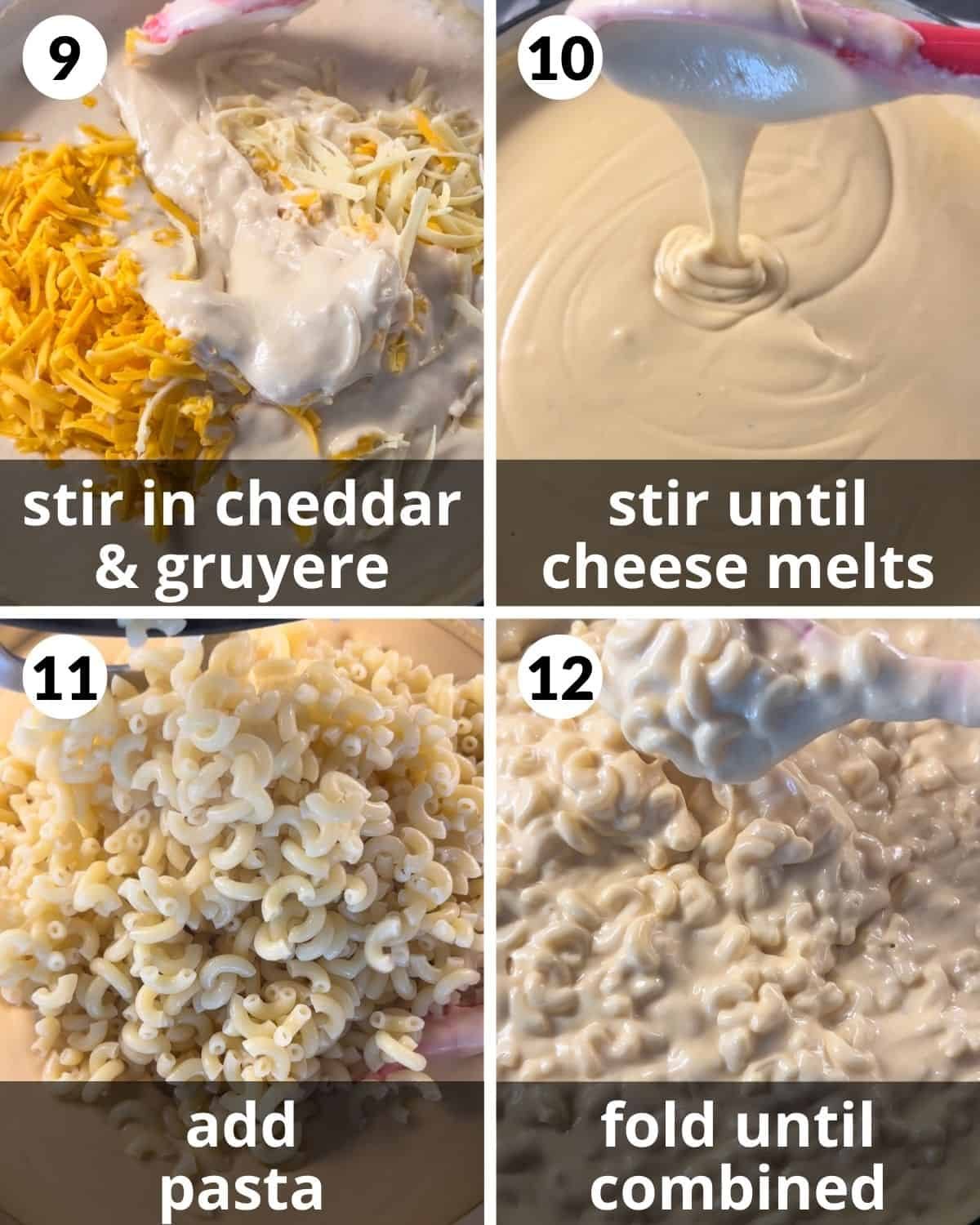 A 4 photo collage showing added pasta to cheese sauce.