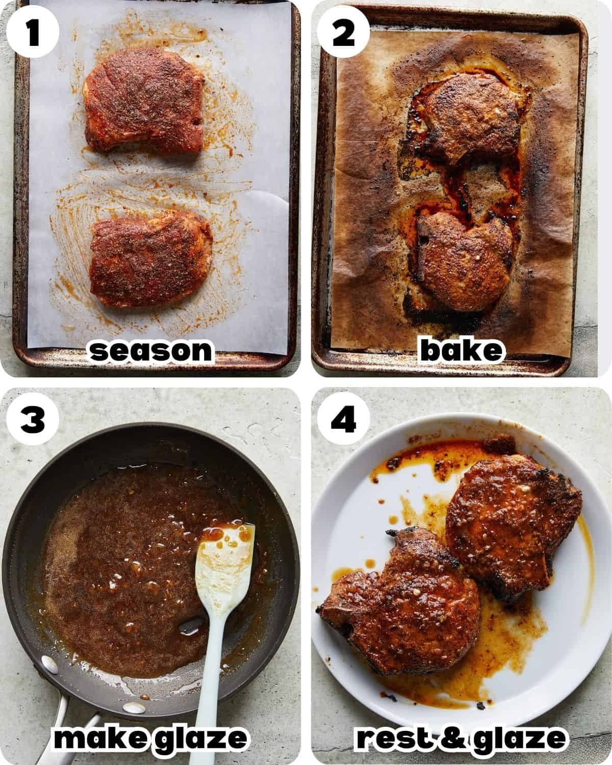 A four image collage showing the steps for honey glazed pork chops.
