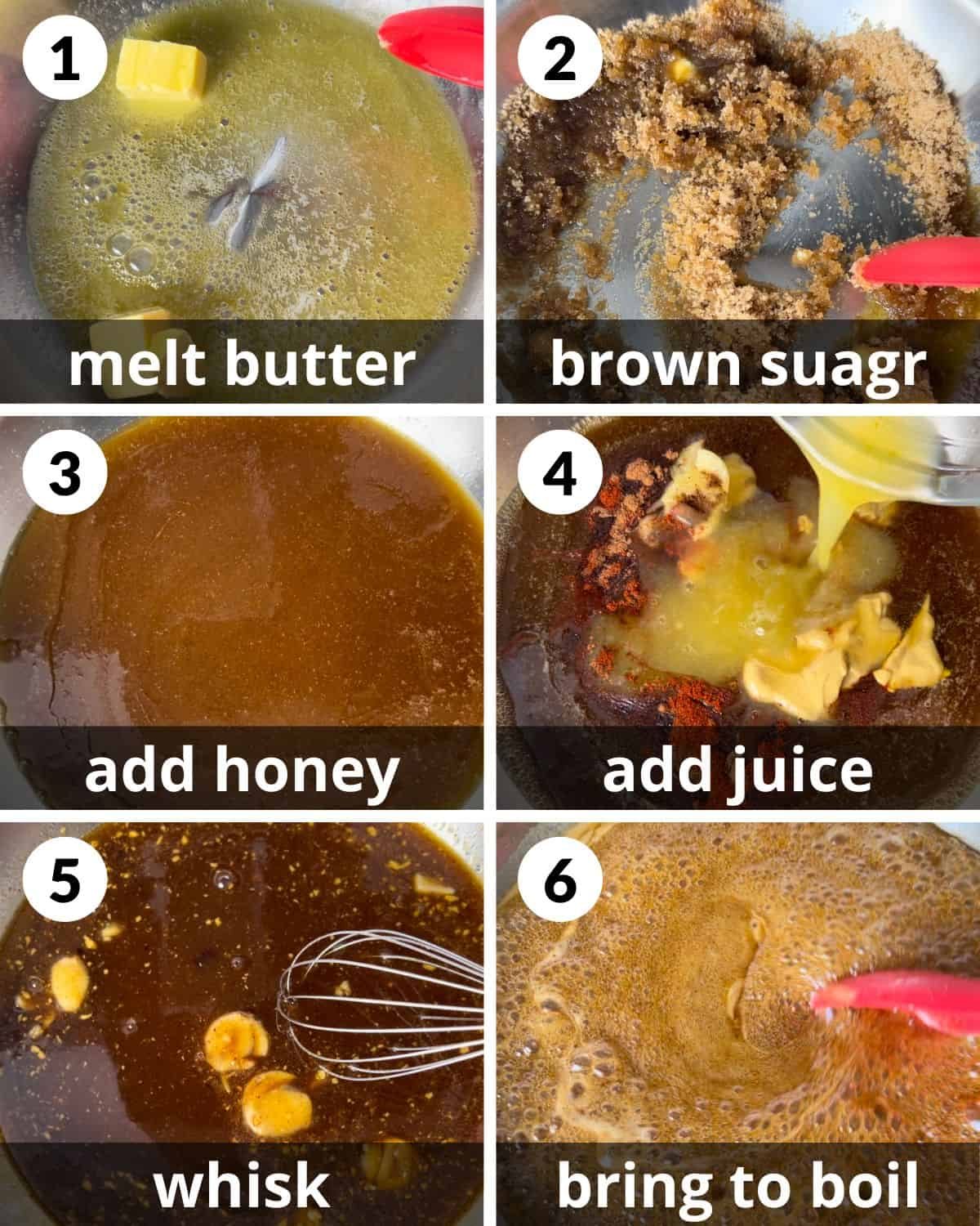 A 6 photo collage showing the assembly of honey glaze.