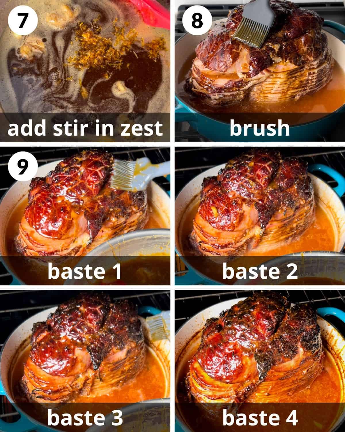 A 6 photo collage showing the final assembly of honey glaze.