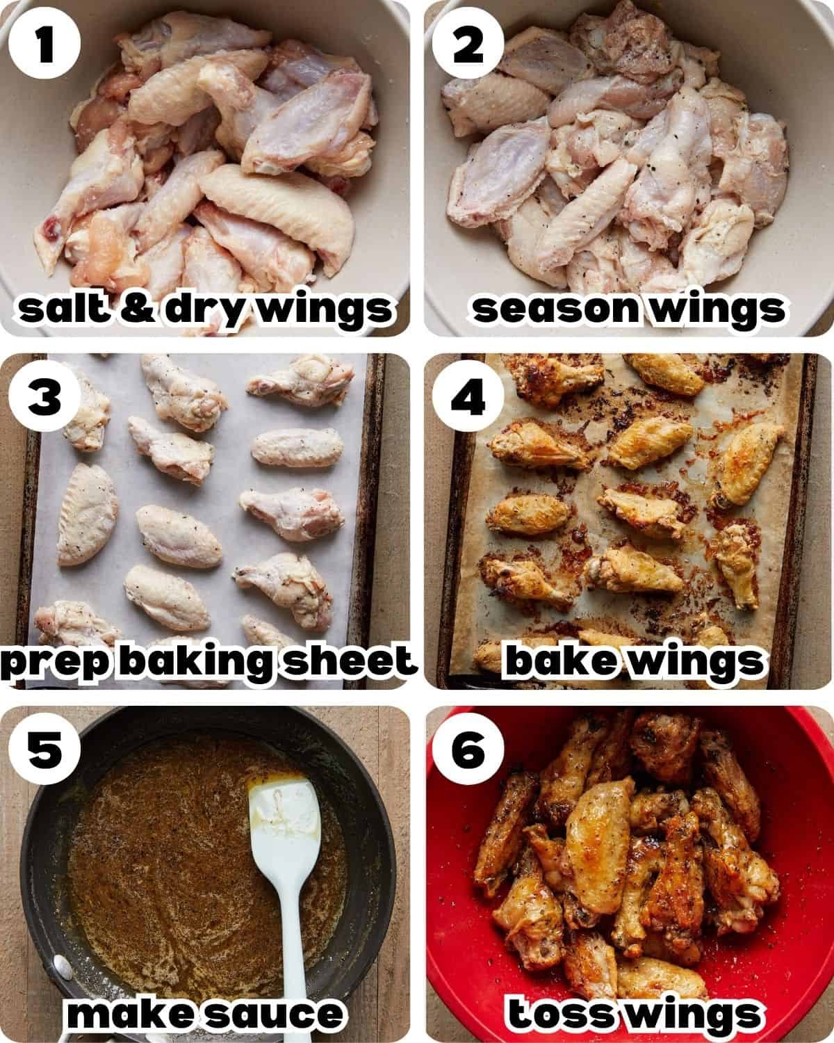 A 6 photo collage showing the steps for honey lemon pepper wings.
