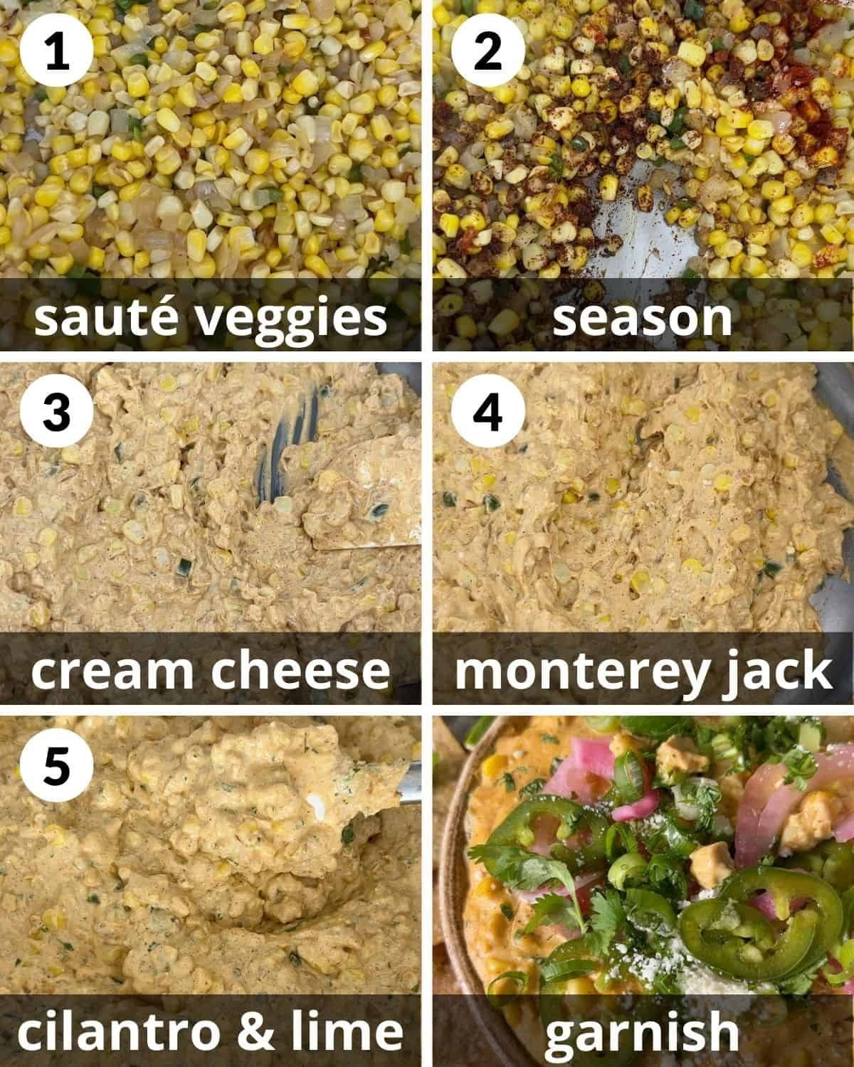 A 6 photo collage showing the assembly of hot elote dip.