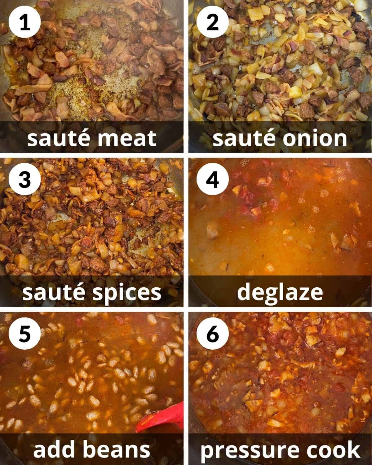 A 6 photo collage showing the assembly of instant pot charro beans.