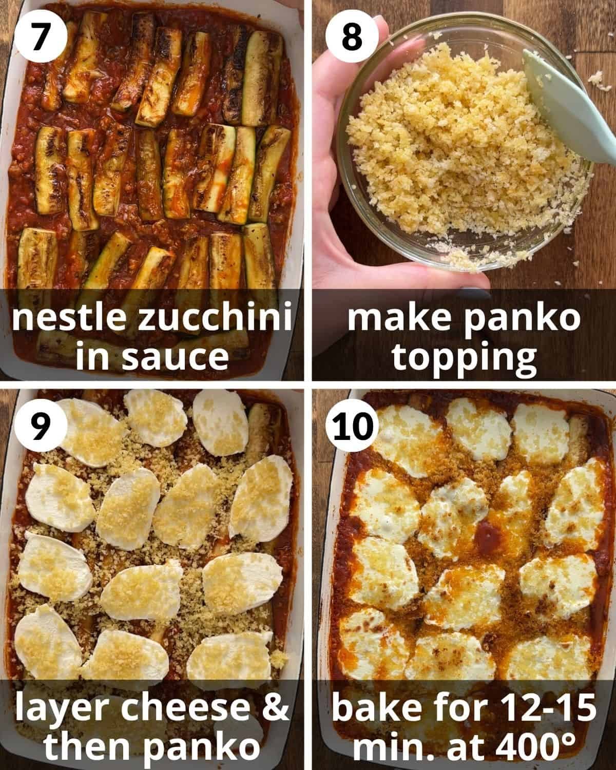A 4 photo collage showing the final assembly of Italian baked zucchini.