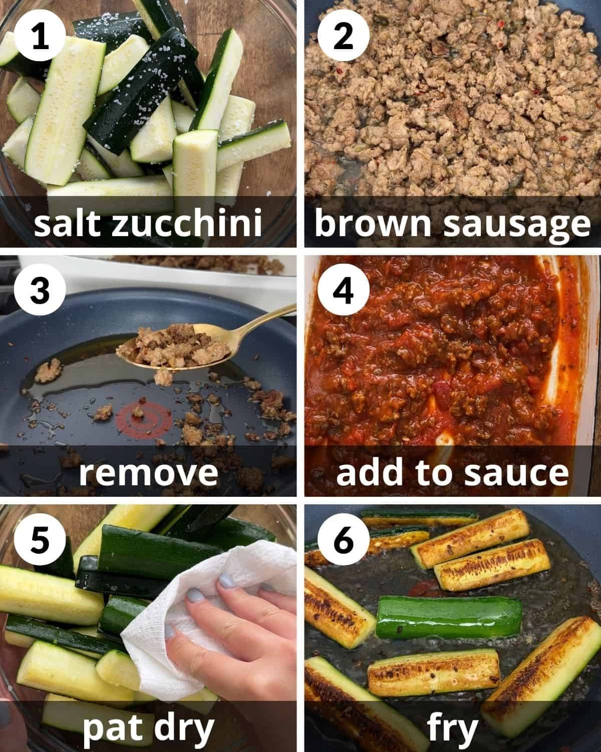 A 6 photo collage showing the beginning assembly of Italian baked zucchini.