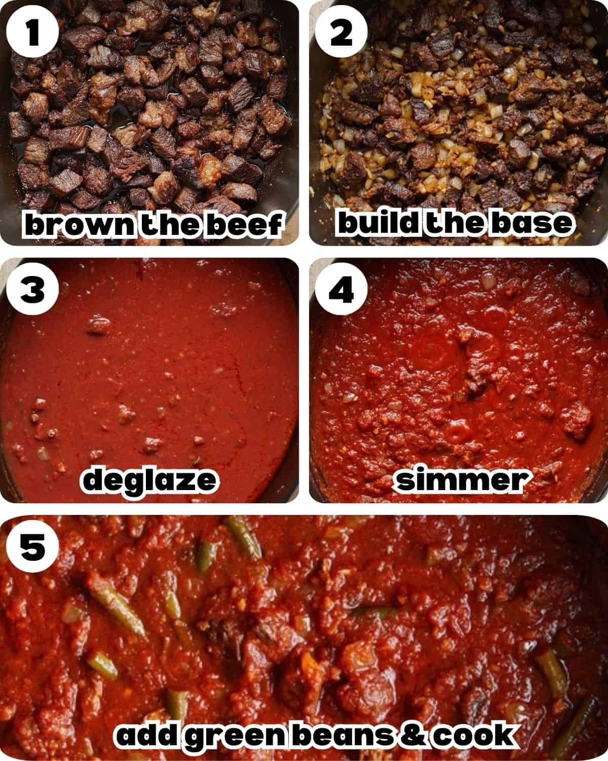 A five photo collage showing the steps for Lebanese green bean stew with beef.