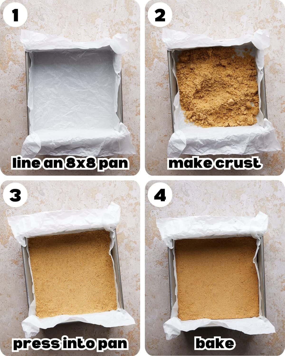 A 4 photo collage showing the beginning assembly of lemon bars with graham cracker crust.