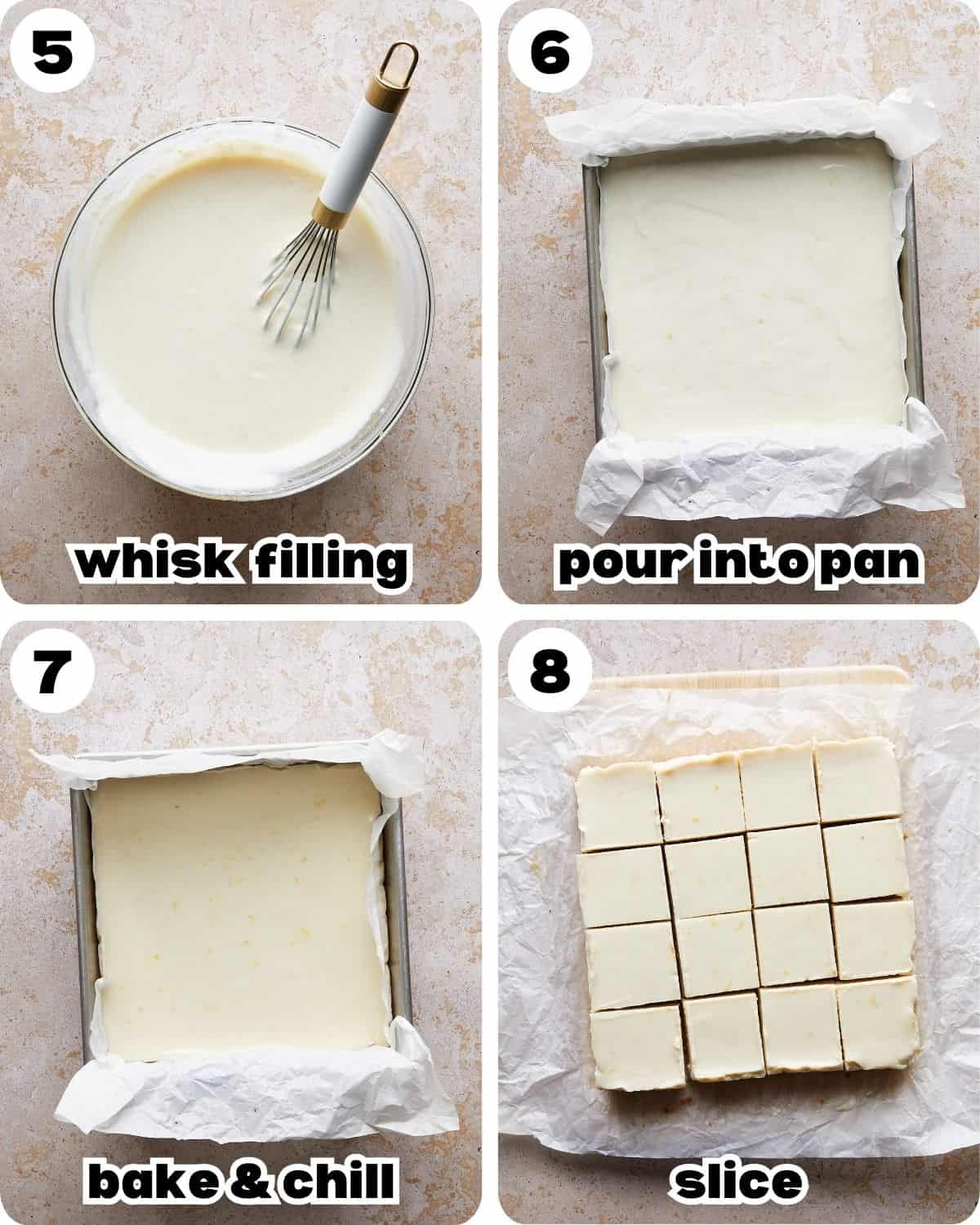 A four photo collage showing the final assembly of lemon bars with graham cracker crust.