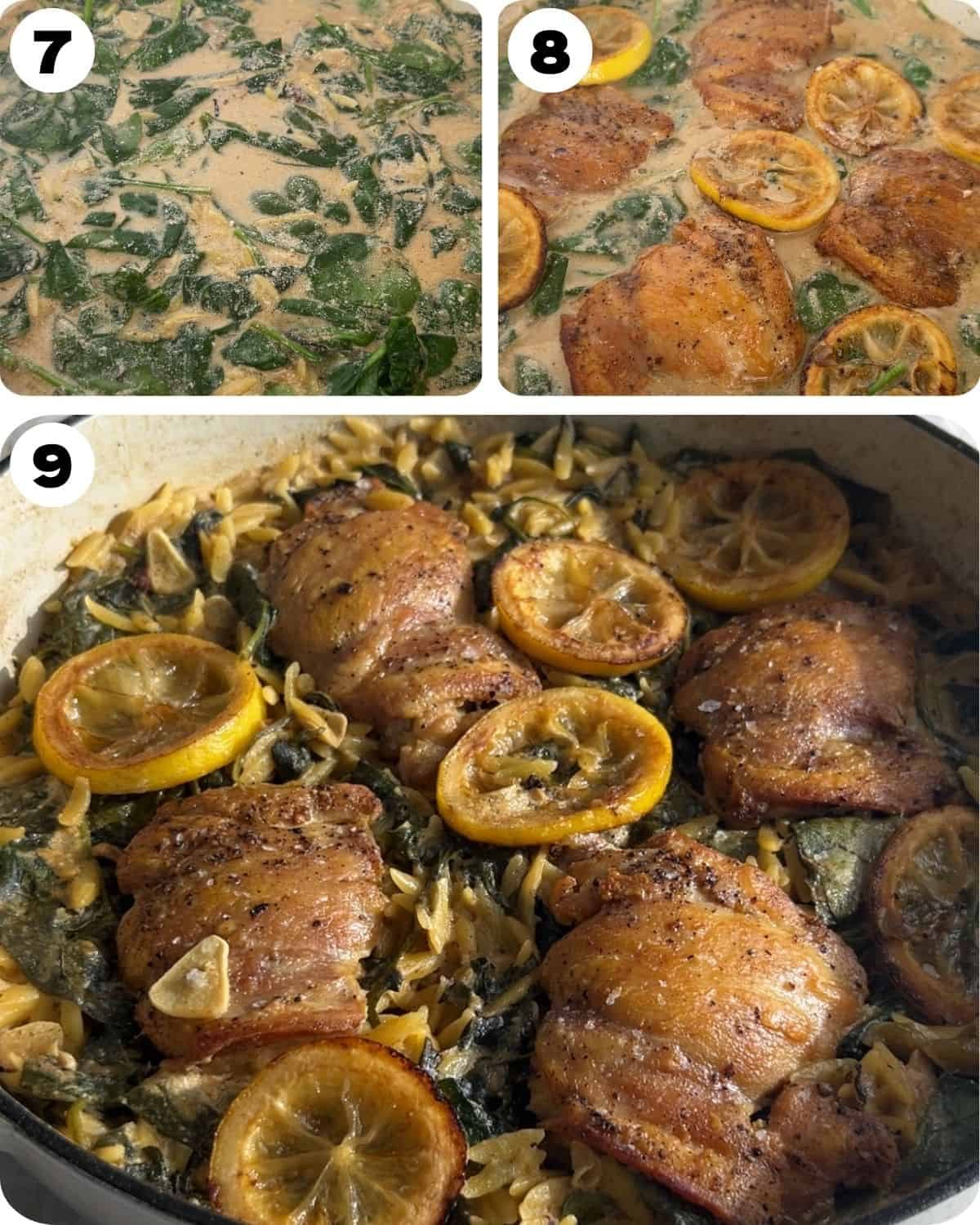 A 3 photo collage showing the final steps for lemon chicken with orzo pasta.