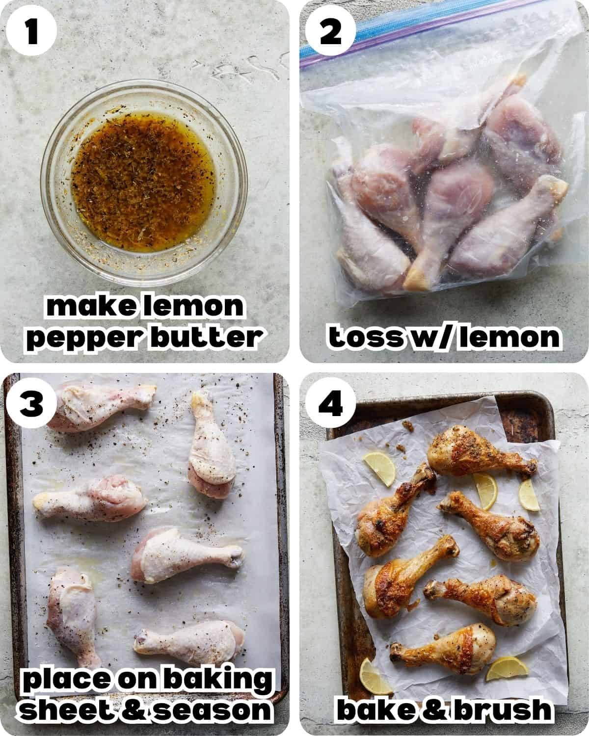 A four photo collage showing the steps for lemon pepper chicken drumsticks.