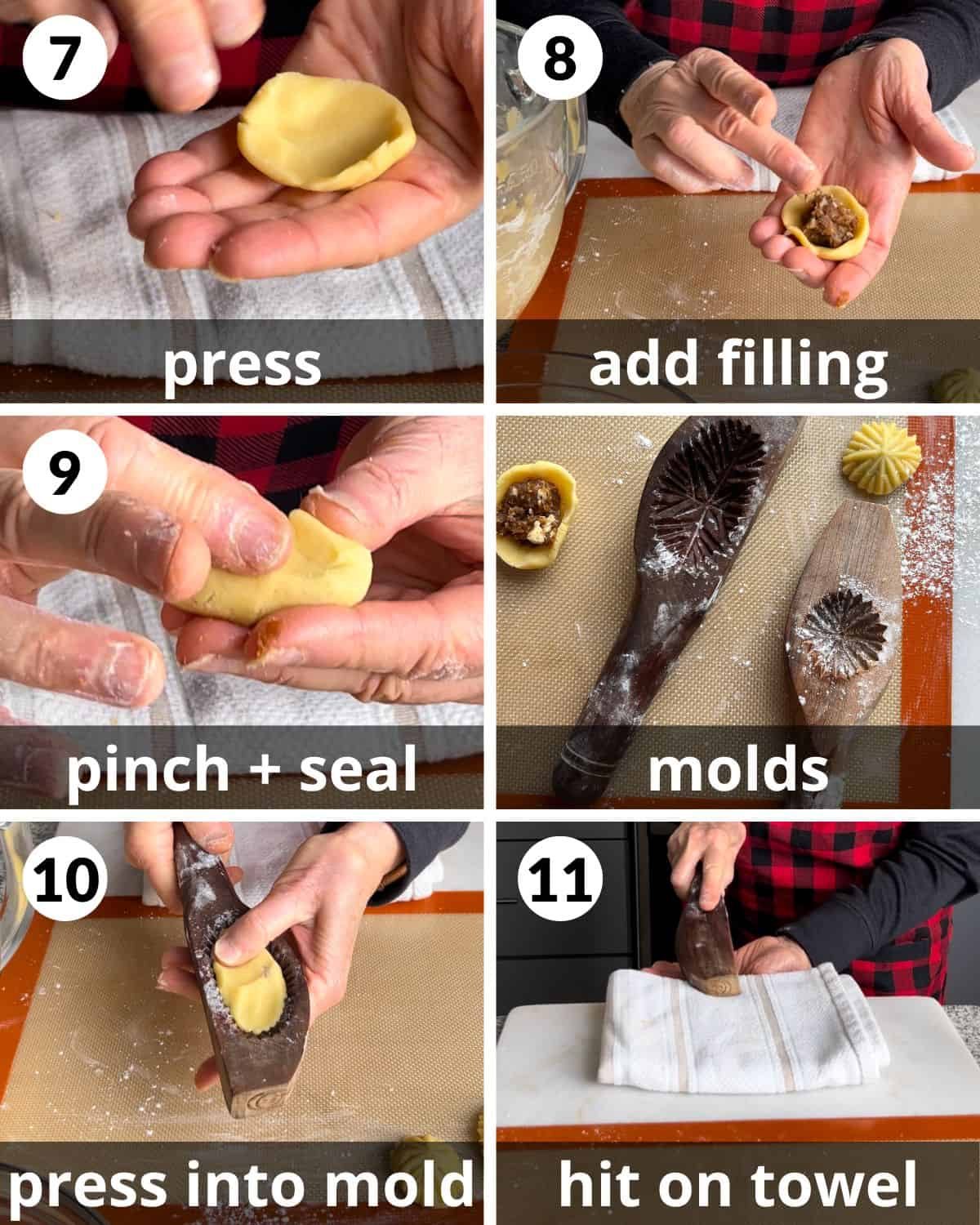 A 6 photo collage showing further assembly of maamoul cookies.