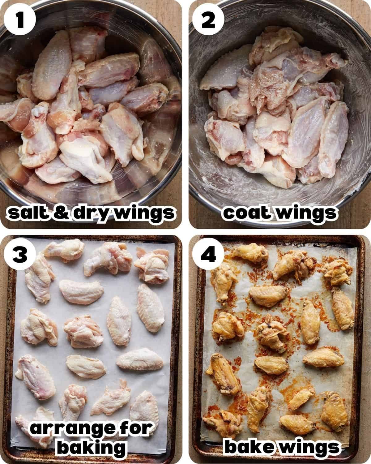 A four photo collage showing the assembly of mango habanero wings.