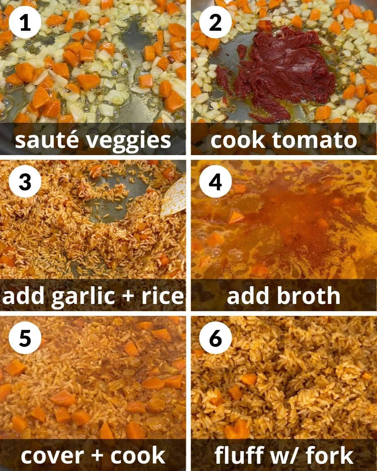 A 6 photo collage showing steps how to make Mexican rice.