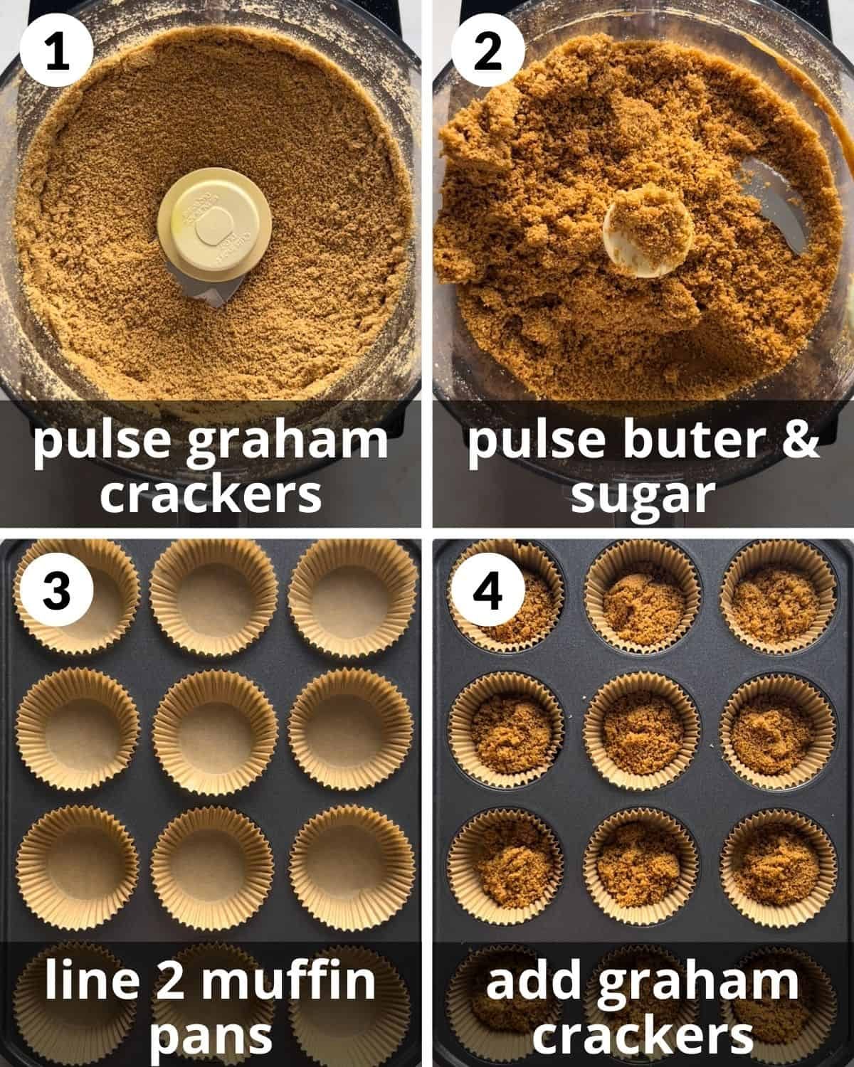 A 4 photo collage showing how to make the graham cracker crusts.