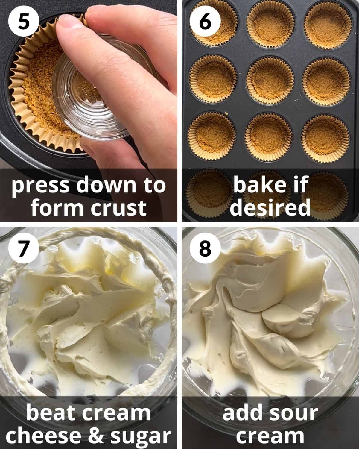 A 4 photo collage showing how to bake the crusts and beat cream cheese.