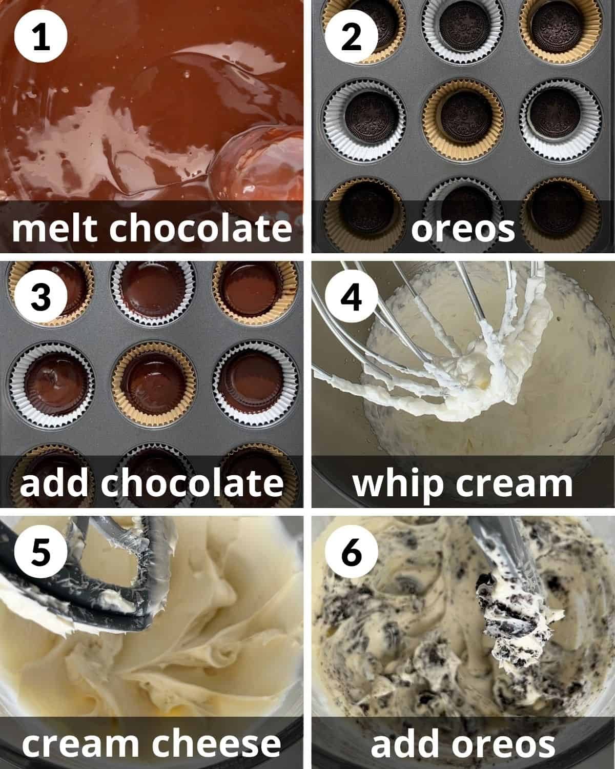 A 6 photo collage showing the assembly of no bake mini oreo cheesecakes.