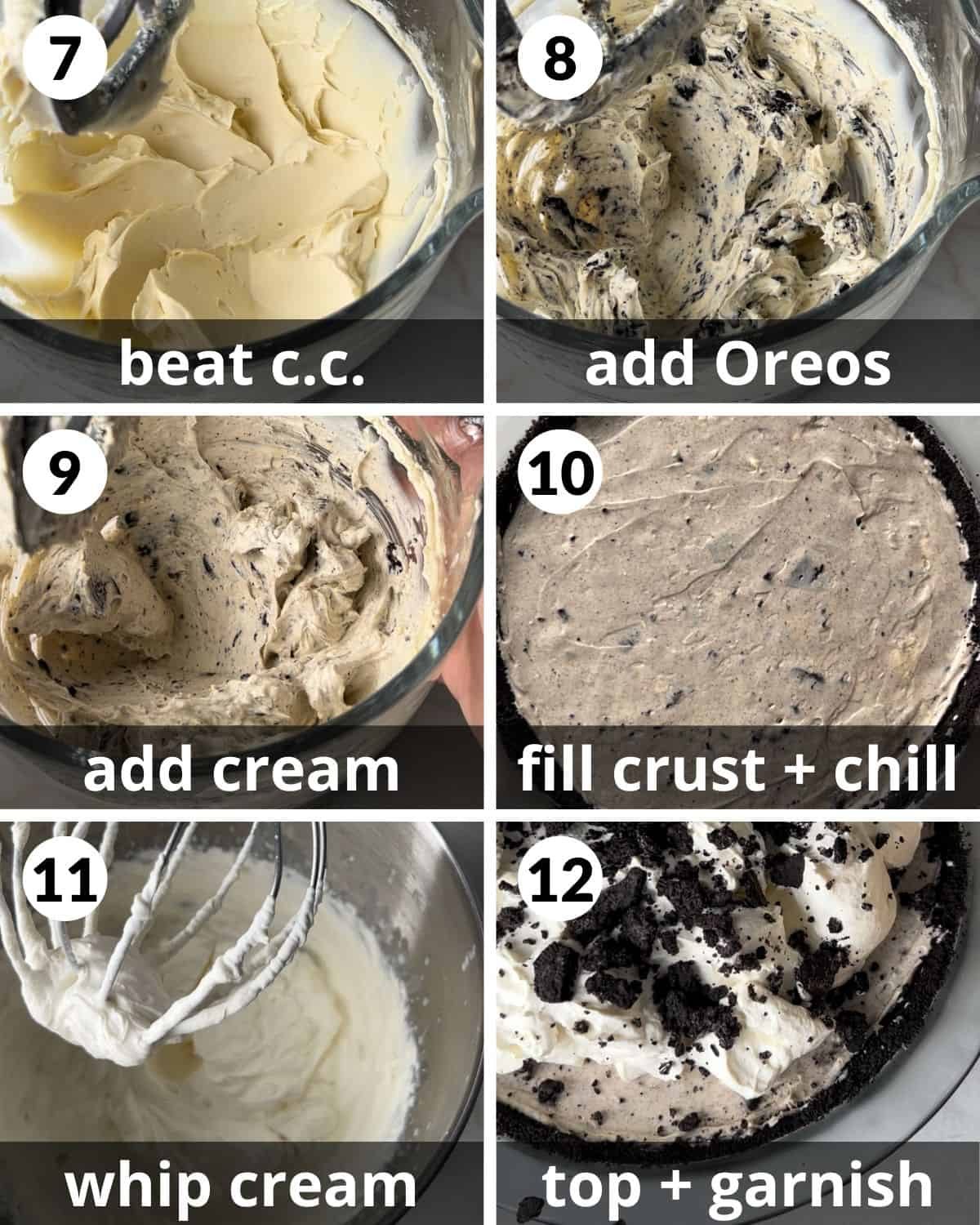 A 6 photo collage of the final assembly of no bake oreo cheesecake pie.