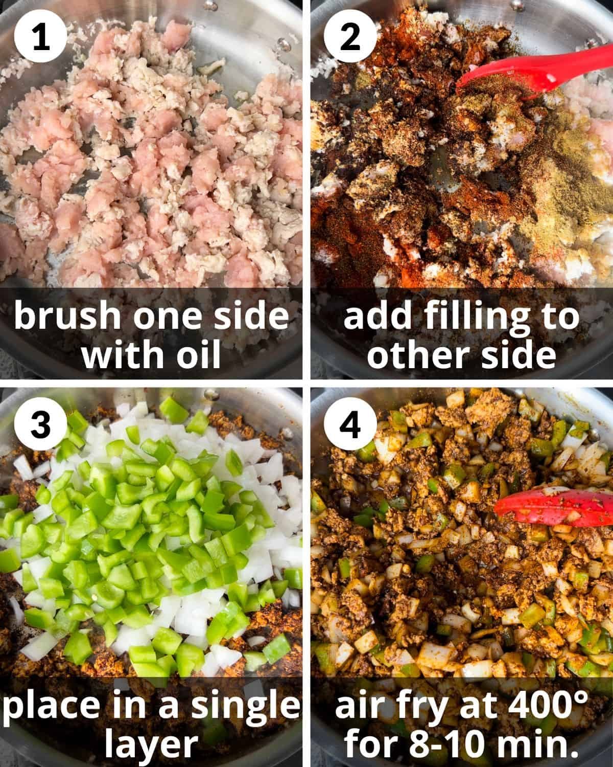A four photo collage showing the first steps for no bean turkey chili.
