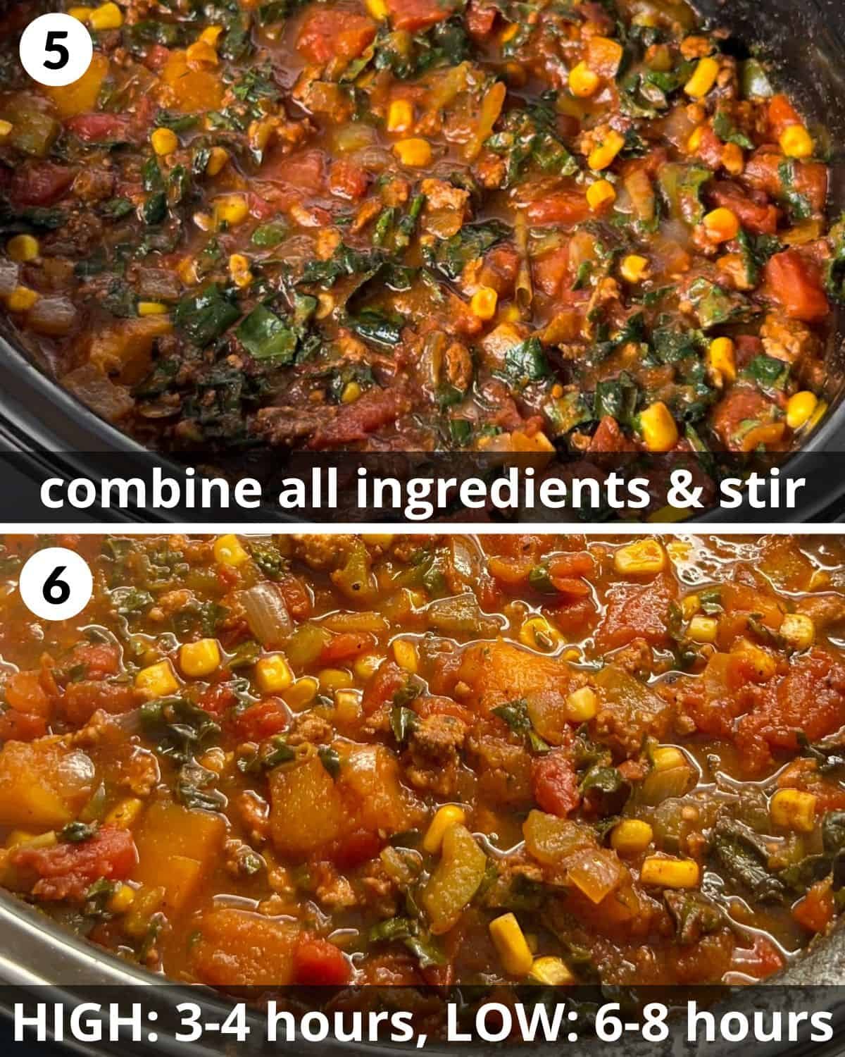 A two photo collage showing final steps for no bean turkey chili recipe.