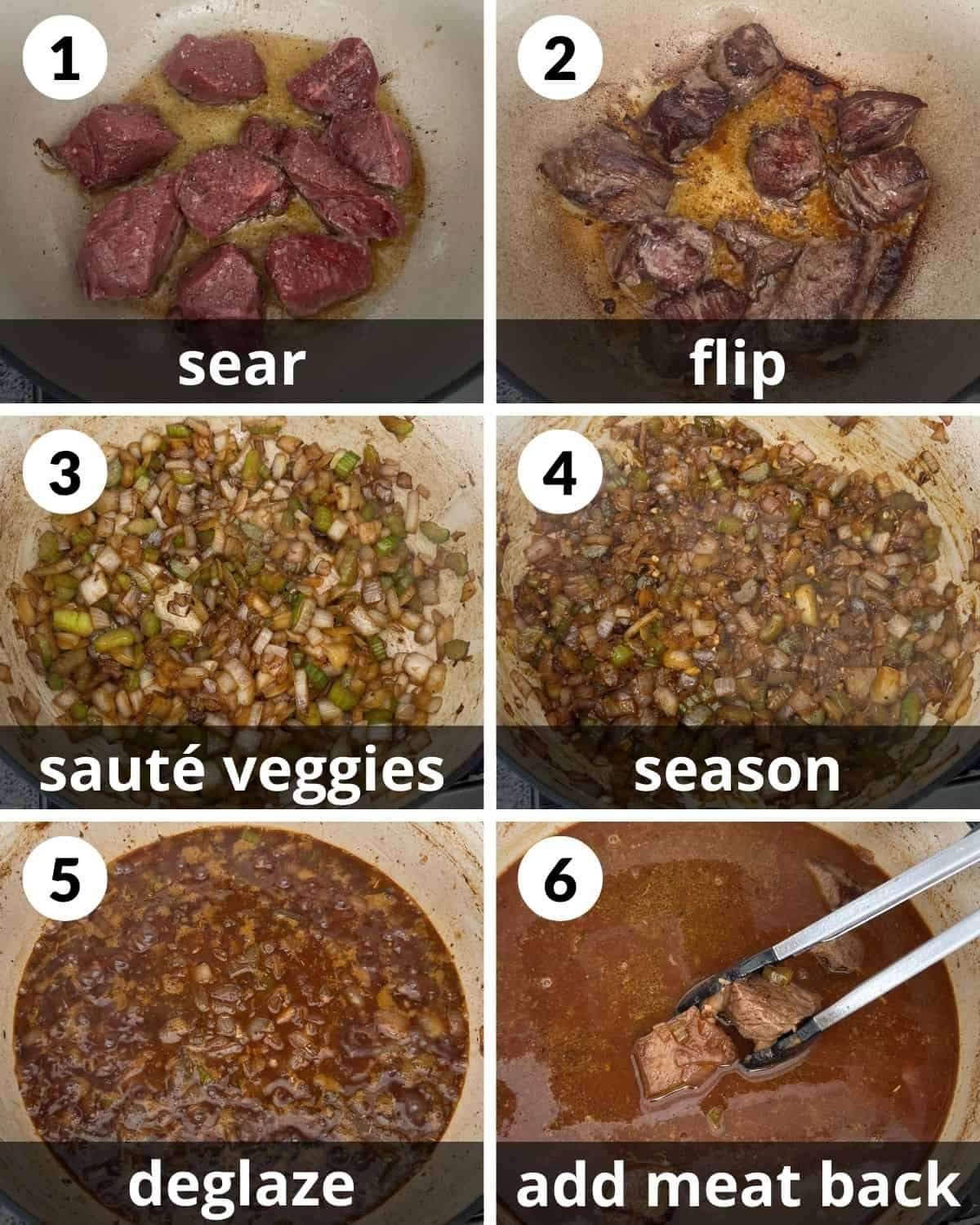 A 6 photo collage showing the beginning steps of old fashioned beef stew.